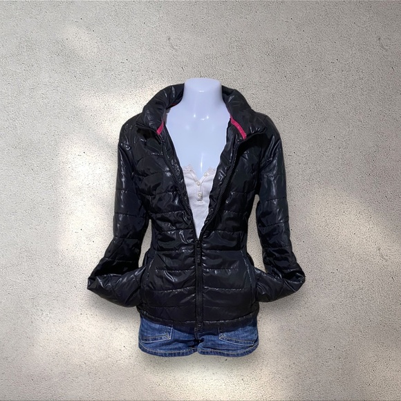 Aeropostale Black & Pink Patent Puffer Zip Up Jacket - Picture 1 of 6